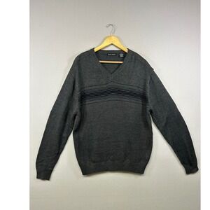 Classic Preppy Michael Brandon Mens XL Charcoal Grey V-Neck Striped Knit Sweater